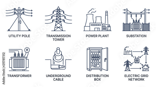 Electrical infrastructure components are organized as detailed line icons for utility mapping tasks.