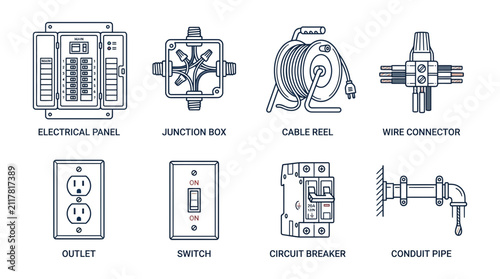 Electrical hardware icons represent utility and connectivity through clean industrial line graphics.
