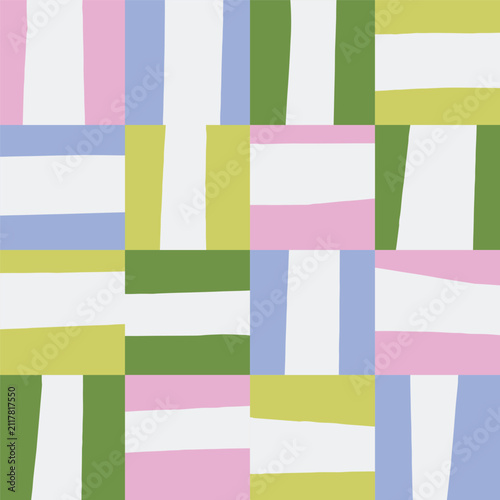 Abstract hand-drawn geometric woven seamless repeat featuring irregular vertical and horizontal bands arranged in an overlapping grid. Organic cut-paper shapes create a layered basket weave effect 