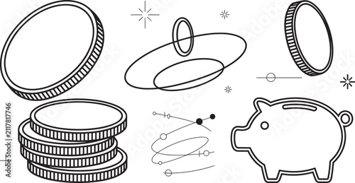 Financial savings piggy bank and gold coin stack linear icon set featuring money investment cash deposits 