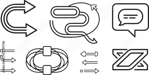 Modern chat bubble and business directional arrow linear icon set featuring strategic workflow paths communication dialogue and process roadmap vectors