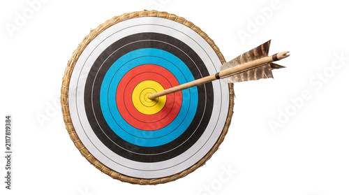 Fotografía Archery target with arrow hitting bullseye isolated on transparent background for sports