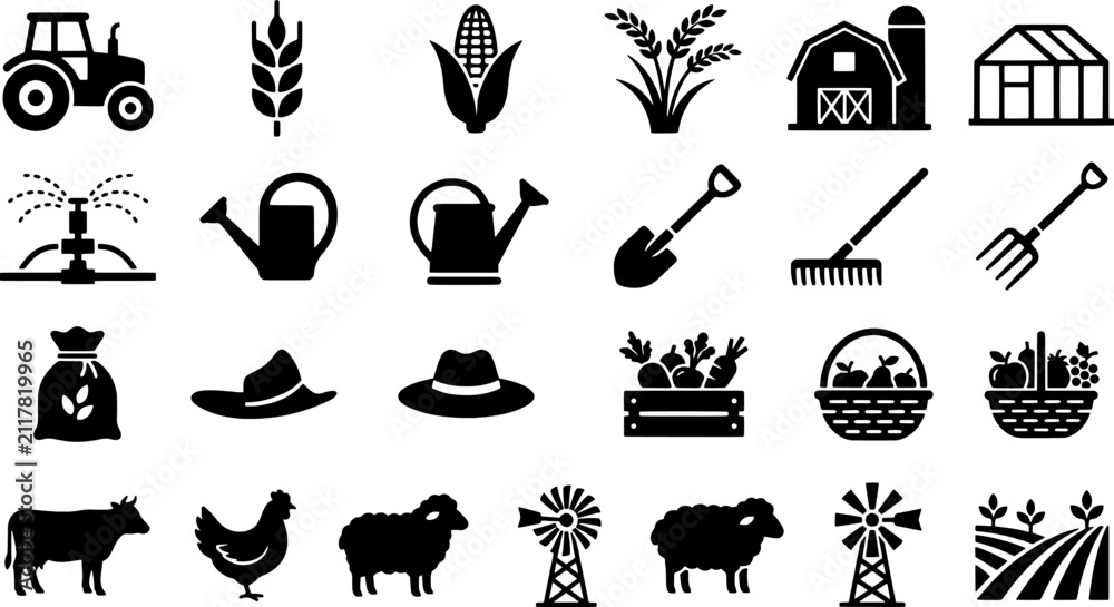 Fototapeta premium Farming and agriculture icons set with tools and animals vector illustration