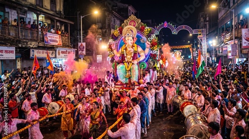 Ganesh Visarjan Festival Celebration with Ganesha Idol Procession in India	