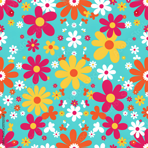 Bright retro floral seamless pattern vector background with colorful daisies