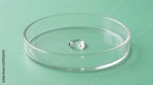 Single clear water droplet sits centrally inside small transparent glass petri dish against soft muted mint green studio background surface
