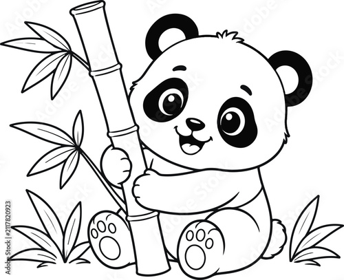 Cute Baby Panda Hugging Bamboo Coloring Page - Black and White Vector Line Art