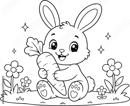 Cute Bunny Holding Carrot Coloring Page - Black and White Vector Illustration
