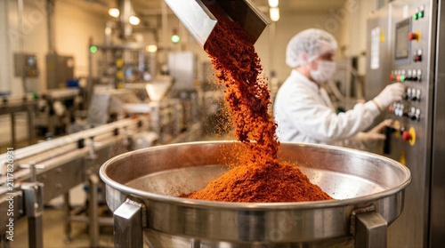 Spice manufacturing scene with vibrant powder falling into packaging hopper, showing fine particles, bold pigment, clean equipment and sensory seasoning production.