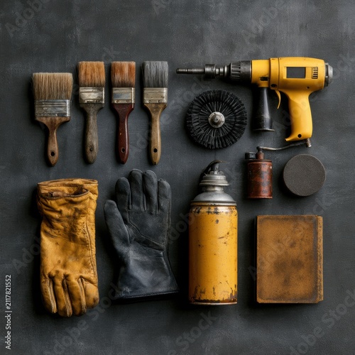 Rust Treatment Kit Arranged in Flat Lay With Tools on Dark Surface