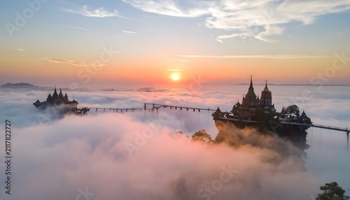 Ancient temples emerge above low clouds at vibrant sunrise.
