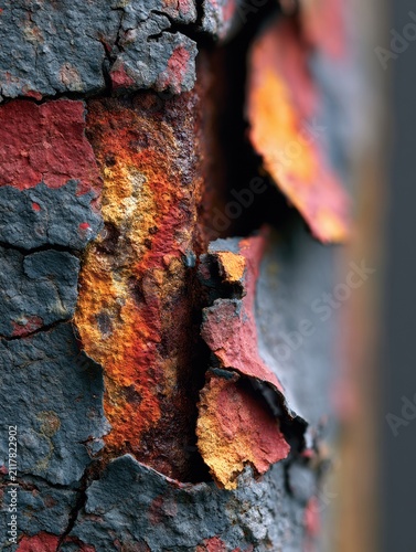 Cracked Paint Layer Over Corroded Steel on Vehicle Panel With Curling Flakes in Editorial Macro Setup