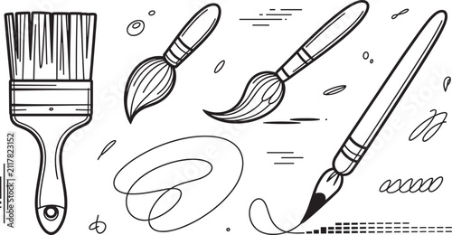 Professional artist paint brush and creative artwork tool icon set featuring vintage paintbrushes calligraphy 