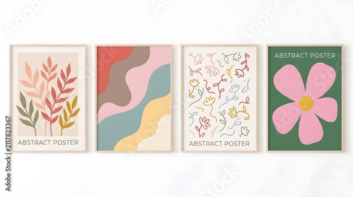 Set of four abstract botanical posters featuring stylized flowers and soft pastel shapes for modern home decor and wall art.