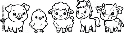 A cute hand drawn illustration of a group of farm animals standing in a row on white background
