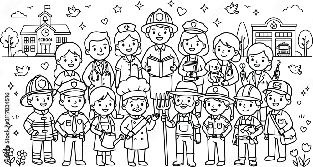 Fototapeta premium Happy diverse group of community helpers and essential workers with children standing near school building outline vector coloring page illustration