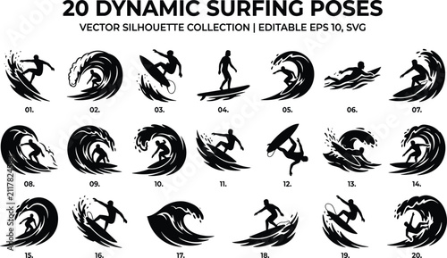 Photography 20 dynamic surfing poses, surfer silhouette vector collection, wave riding actio