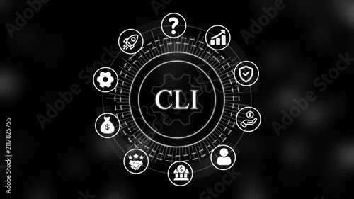 Cli command line interface concept with rotating digital business and hud technology animation