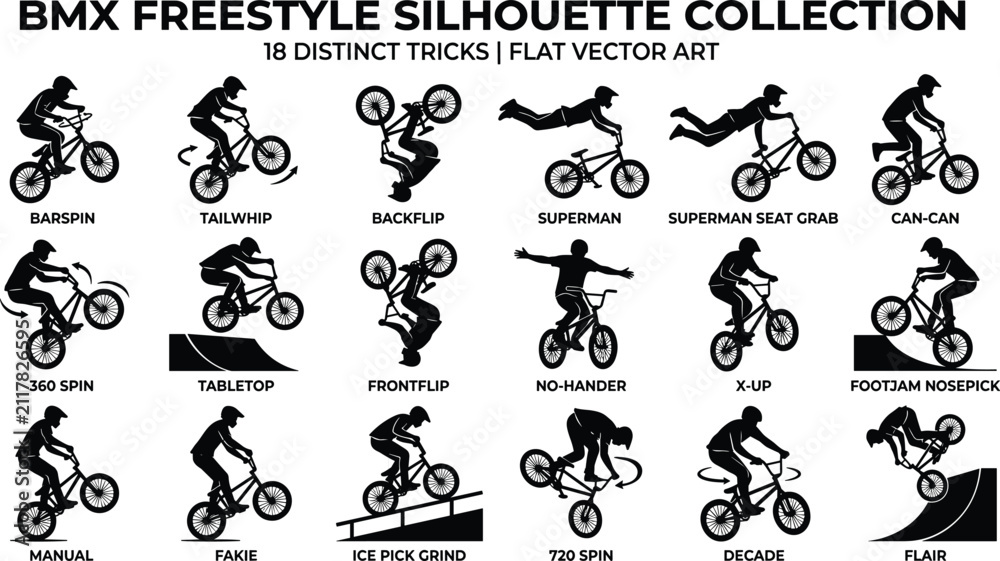 Fototapeta premium BMX freestyle silhouette collection featuring 18 distinct tricks, tailwhip, backflip, superman, barspin, 360 spin, manual, extreme sports vector flat art