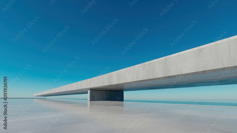Fototapeta premium Minimalist modern concrete structure extending over a calm reflective water surface under a clear blue sky.
