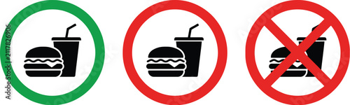 Hamburger And Drink Prohibition Icons Green And Red Circle Symbols