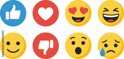 Konstfotografi Emoji Icons Collection Flat Vector Illustration With Circular Backgrounds