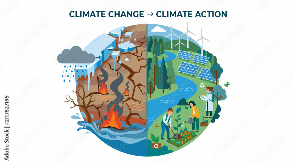 Naklejka premium Environmental activists work together to transition the planet from destructive climate change to sustainable climate action.