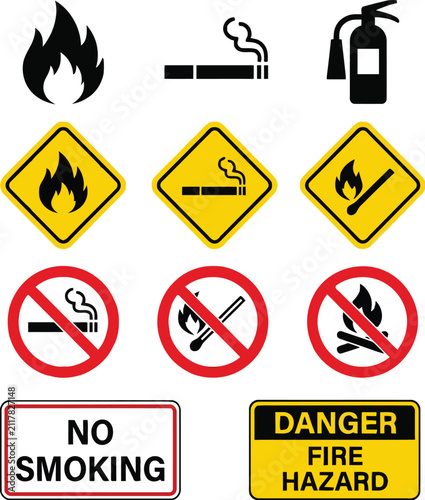 Quadro su tela Fire Hazard And No Smoking Signs Vector Illustration On White Background