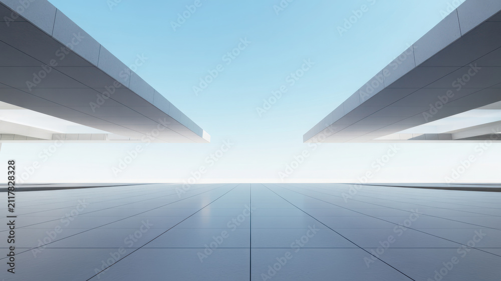 Fototapeta premium Abstract architectural background with modern geometric structures and bright sky.