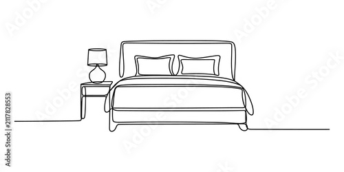 Canvastavla Continuous single line drawing of a bed with a lamp on a nightstand