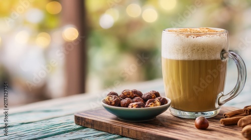 Warm latte coffee with foam in glass mug and dried dates on wooden board