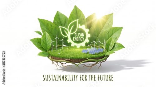 Clean energy concept features a floating island with wind turbines and solar panels surrounded by lush green foliage.