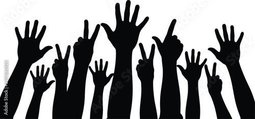 Black silhouette of raised hands in unity or celebration, diverse group of people, solidarity gesture, protest or prayer