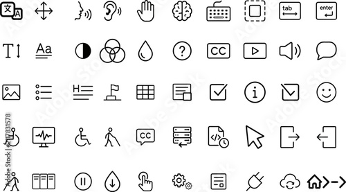 Accessibility User Interface Outline Icon Set – Universal Access, Assistive Technology, Inclusive UI UX, Web and Mobile Line Vector Icons Collection