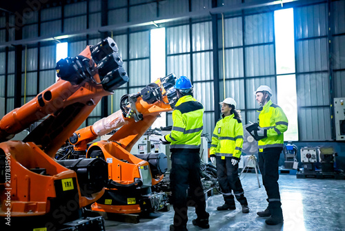 Workers inspect robotic arms in a factory during the day