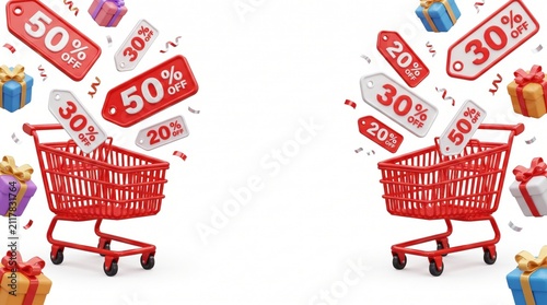 Shopping carts surrounded by colorful gift boxes and discount price tags illustrate a festive retail sales event.
