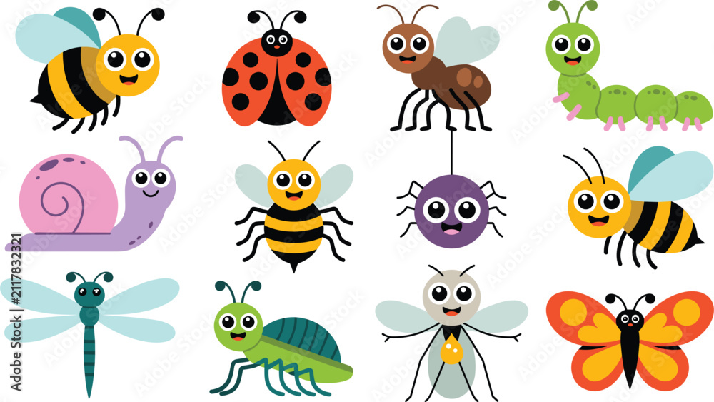 Naklejka premium Cute Cartoon Bug and Insect Character Vector Set with Funny Bee, Ladybug, Caterpillar, Snail, Spider, and Butterfly Mascot Symbols for Kids Educational Graphic Designs