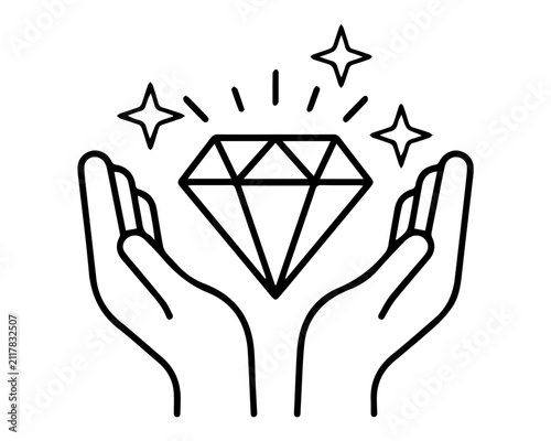 Minimalist line art illustration of two hands holding a sparkling diamond representing value and luxury