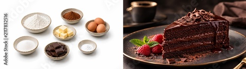 Collage of fresh baking ingredients and a slice of decadent chocolate layer cake with raspberries and mint