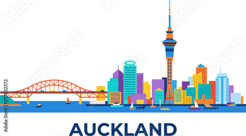 A colorful artistic illustration of the auckland city skyline featuring the iconic sky tower and harbour bridge