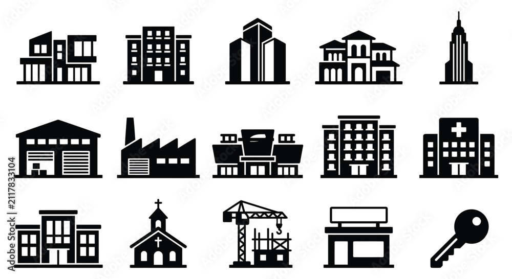 Fototapeta premium Set of black and white building icons representing various real estate commercial and residential property types