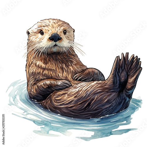 Sea Otter, watercolor painting capturing graceful lines and soft blended shades, isolated on a white background.