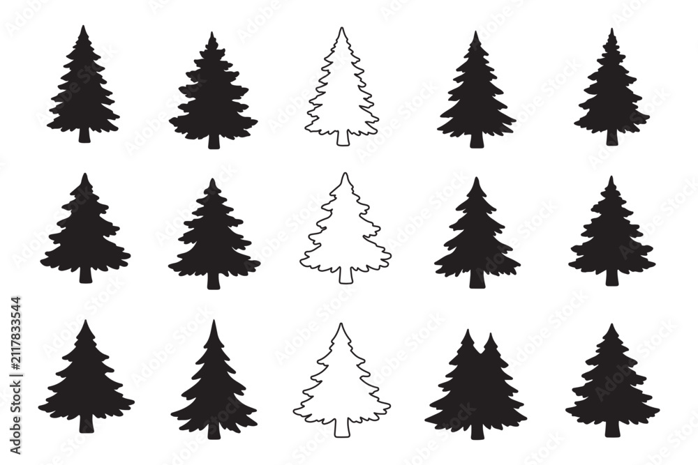 Obraz premium Collection of black silhouette pine trees and one white outline tree
