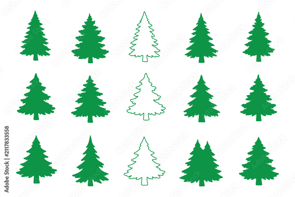 Obraz premium Collection of black silhouette pine trees and one white outline tree
