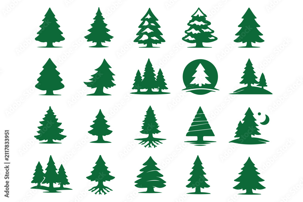 Obraz premium Pine tree silhouette vector set, fir tree vintage forest nature evergreen collection illustration
