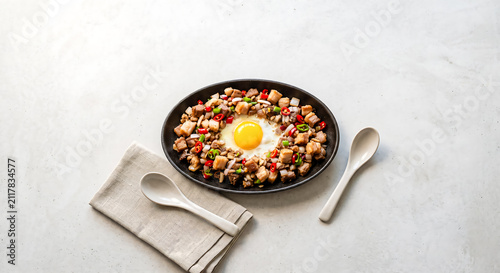 Flat lay of sizzling pork sisig with egg and spoons.