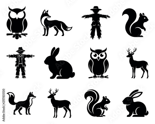 Forest Animal Silhouette Icon Set Wildlife Vector Collection Black