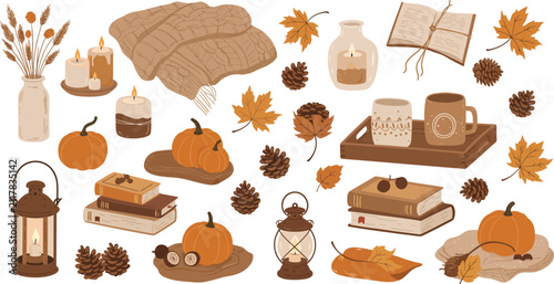Set of hand drawn autumn elements featuring cozy pumpkins fall leaves pinecones lanterns books and warm drinks for seasonal decoration