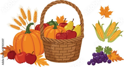 A festive autumn harvest basket filled with fresh pumpkins apples and pears surrounded by golden wheat corn and fall leaves