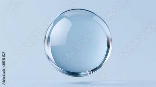 A single transparent water droplet with reflective highlights on a light blue background, casting a subtle shadow beneath. micro photography